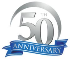 A silver and blue 5 0 th anniversary logo