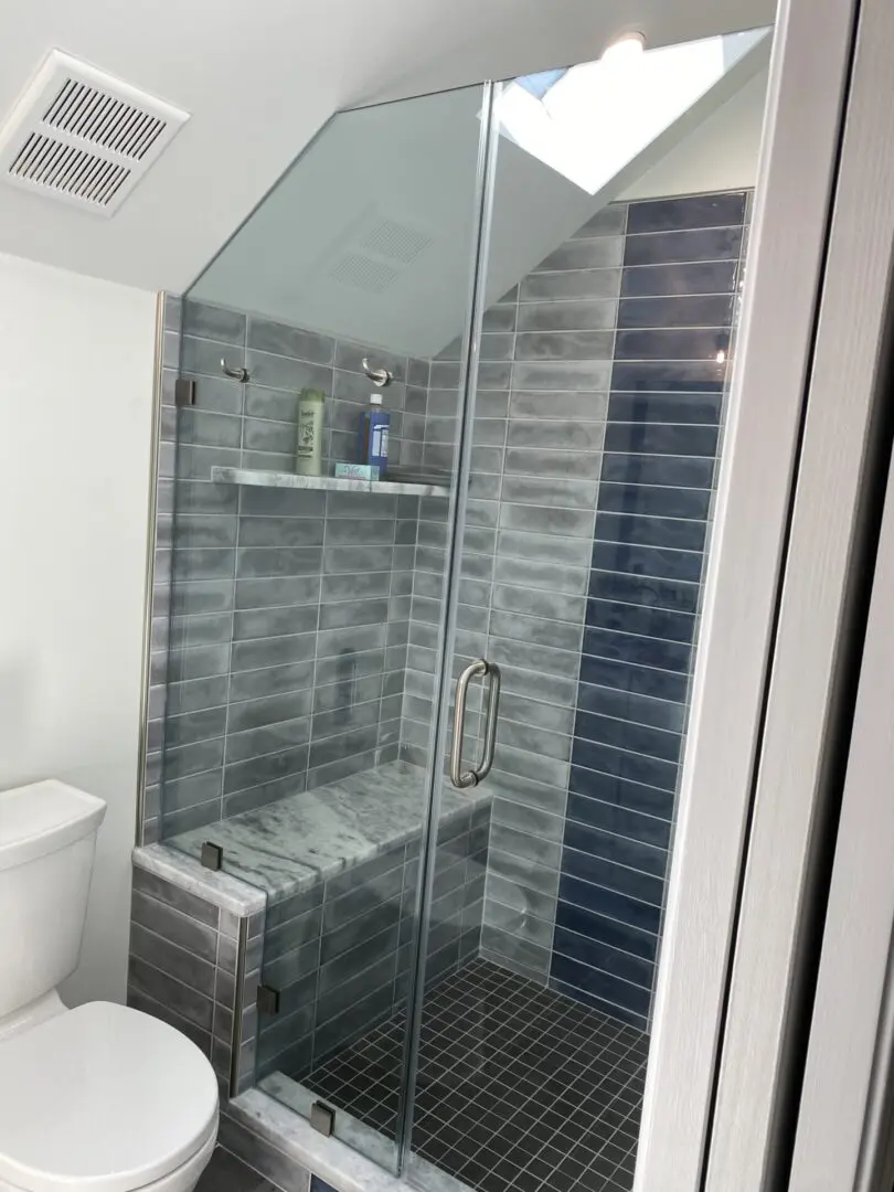 A bathroom with a shower and toilet in it